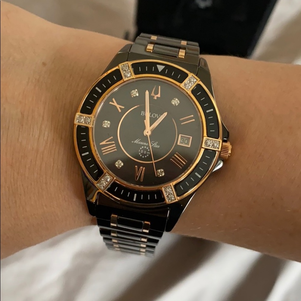 Bulova Black and Rose Gold Diamond Watch